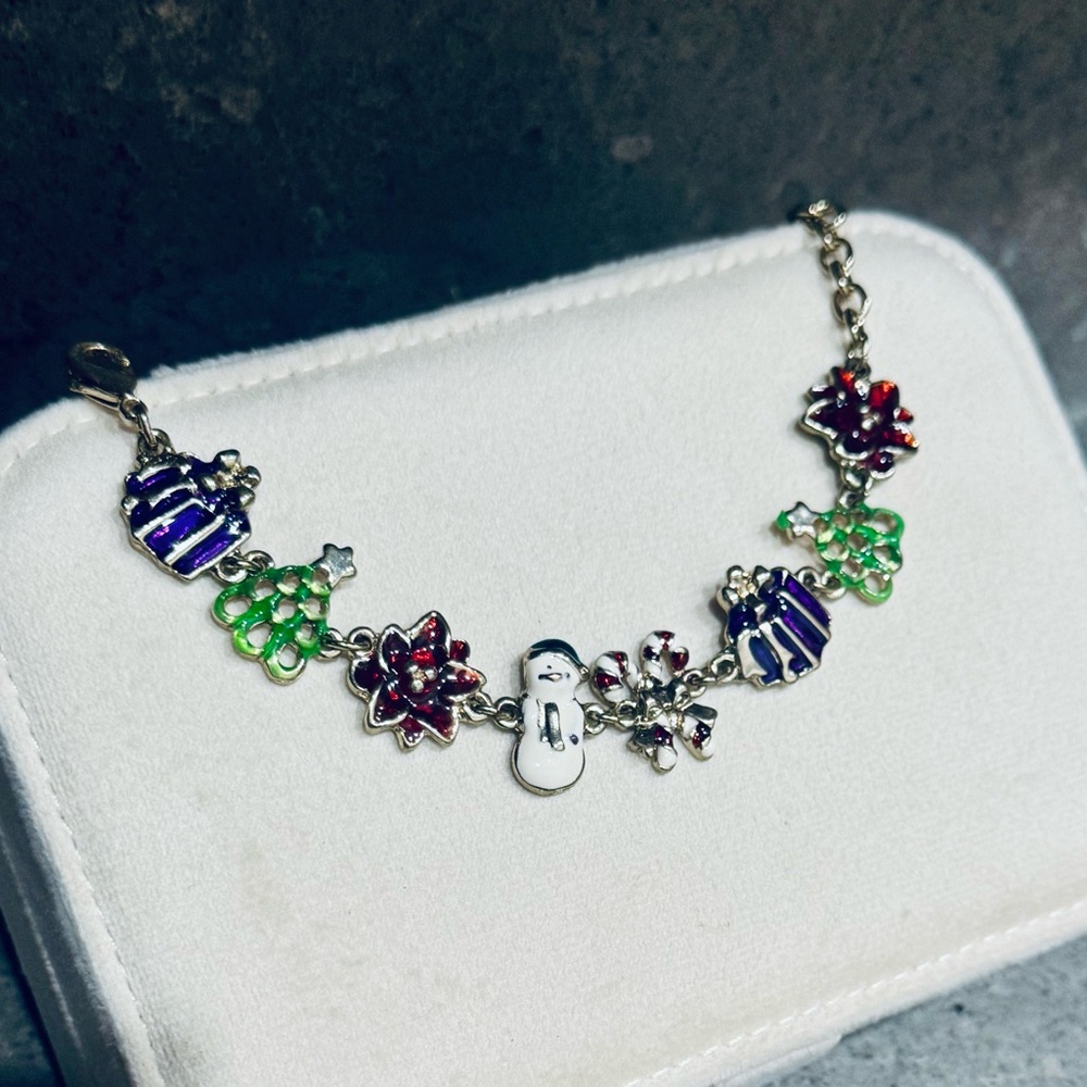 Enamel Holiday Charm Silver Tone  Bracelet